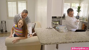 Naughty stepsiblings suck and fuck with dad right there