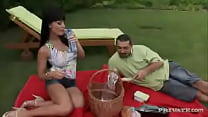 Brunette Aletta Shares a Hardcore Picnic with a Guy on a Red Blanket